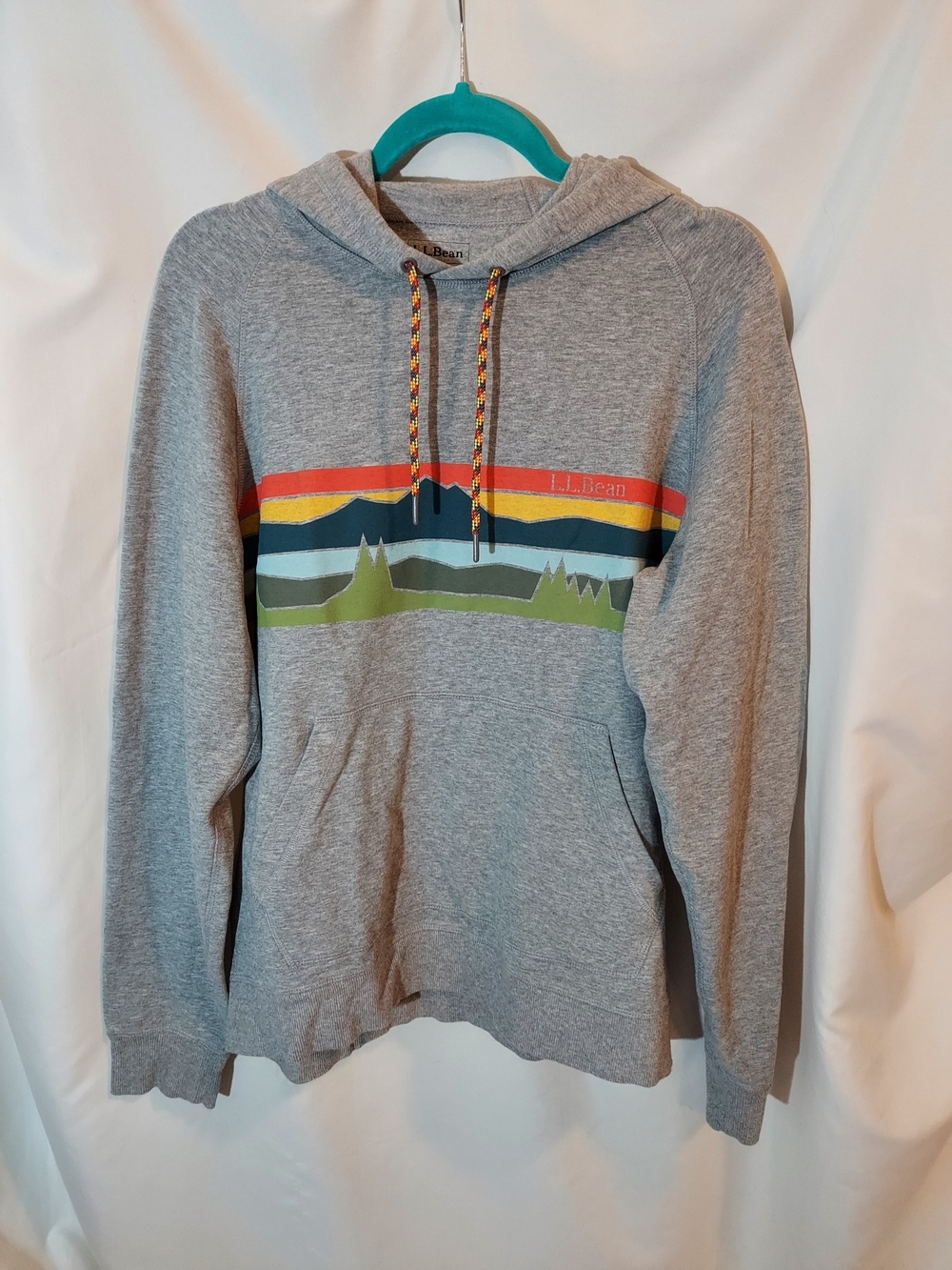 L.L. Bean Comfort Camp Graphic Hoodie Gray Mountain Scenic Stripe M